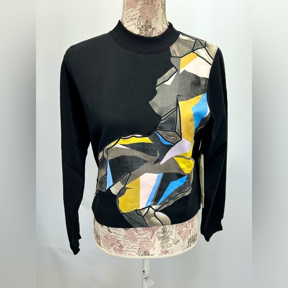 HUMAN HABIT Black graphic patchwork crew neck swe… - image 1